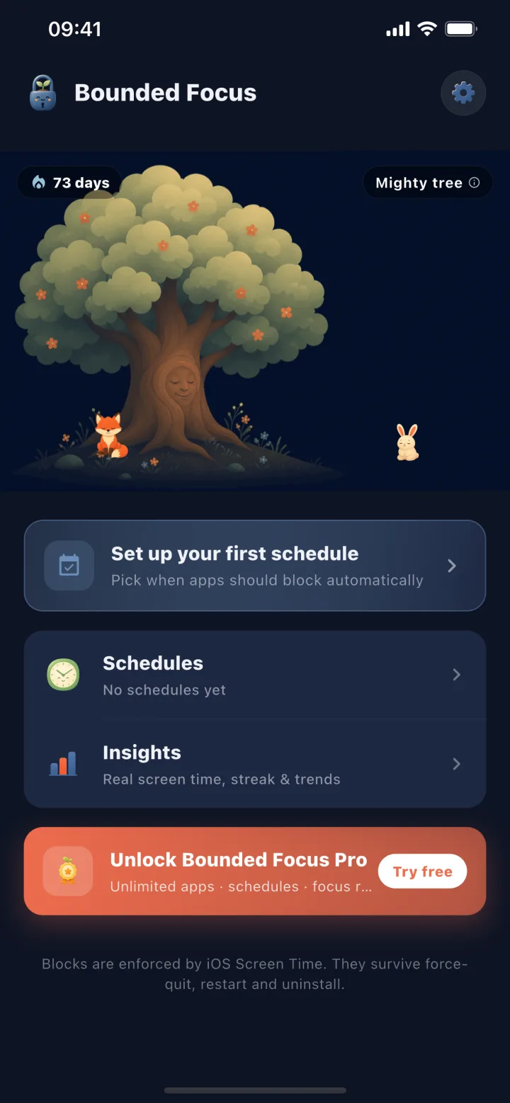Bounded Focus home screen showing a 73 day streak and a fully grown tree in the garden