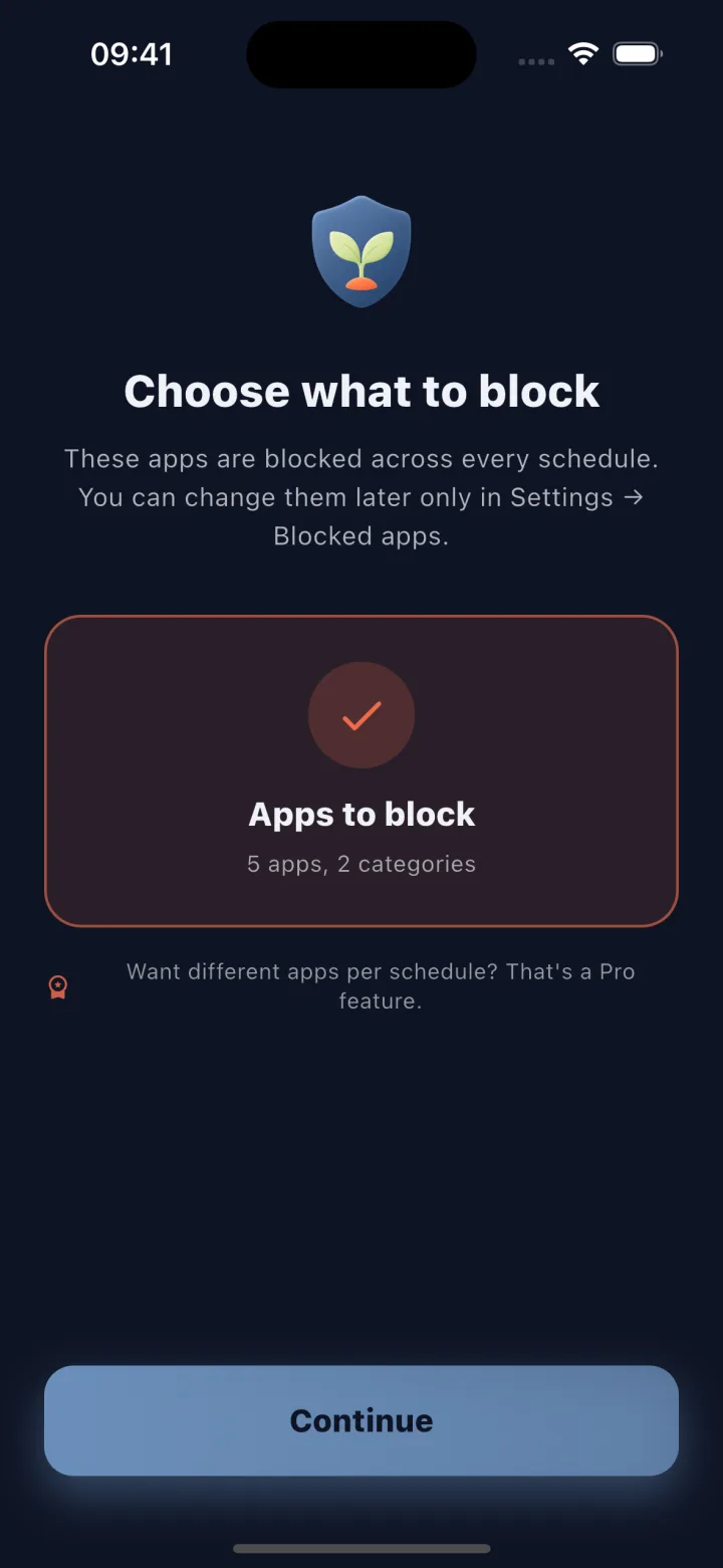 The Choose what to block screen, where apps and whole categories are picked once and then shielded everywhere